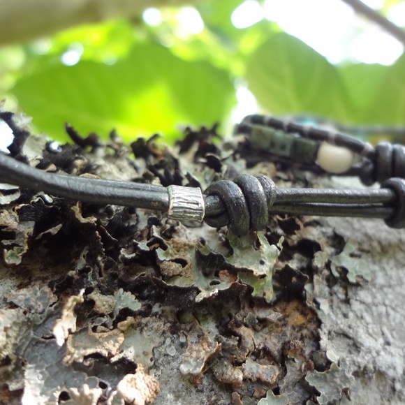 Gray Leather Wrap Bracelet w/Turquoise, Olive Jade & Sterling Silver -UNISEX - Picture 5 of 10